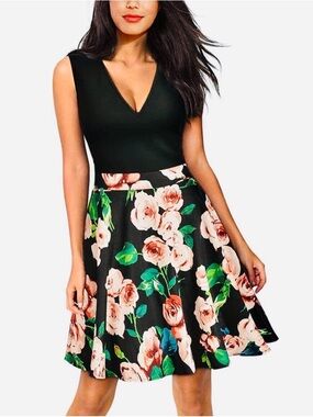 Black V-Neck SZ L Vintage-Style Floral Fit & Flare Swing Dress